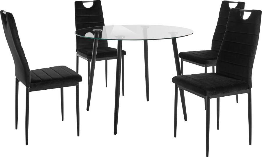 INOSIGN Eethoek ronde glazen tafel ø 100 cm en 4 eetkamerstoelen bekleding van fluweel (set 5-delig)