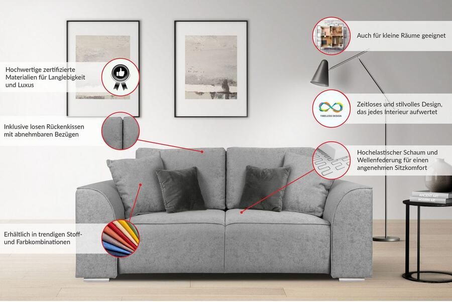 INOSIGN 2-zitsbank BEATRICE verkrijgbaar in trendy stofopties B D H: 143 73 92 cm In hoogwaardige afwerking incl. 2 grote sierkussens in de kleur van de romp - Foto 2