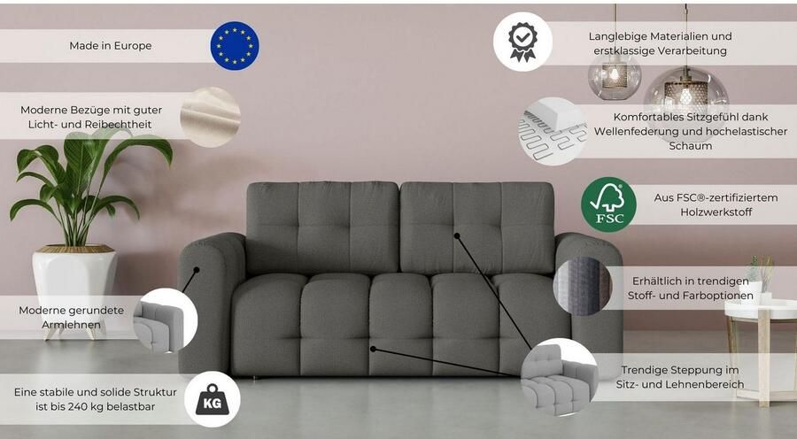 INOSIGN 2-zitsbank Manilla trendy stiksels 2 rugkussens B D H 195 107 91 cm met golfondersteuning in verschillende materialen en kleuren - Foto 2