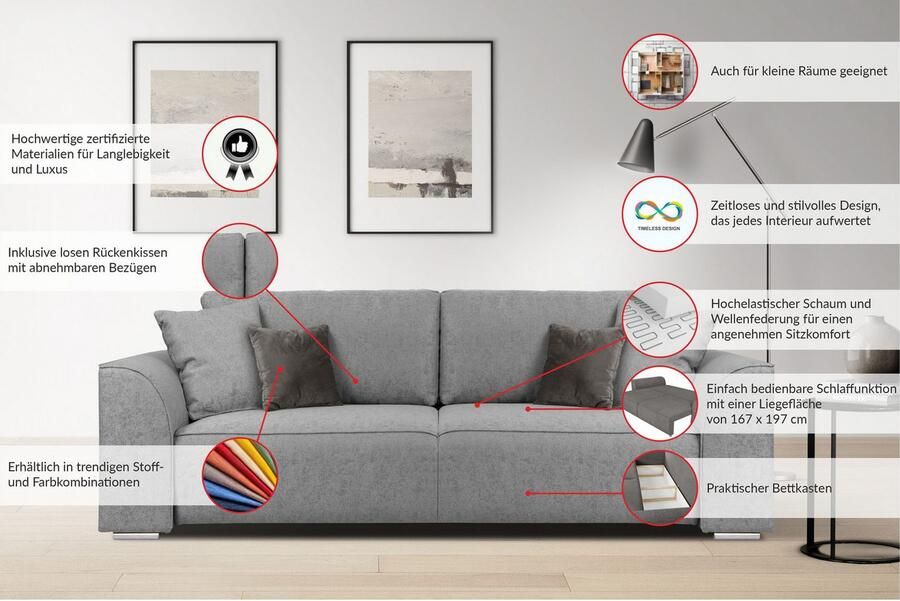 INOSIGN 3-zitsbank BEATRICE optionele slaapbank met bedlade B D H 250 107 92 cm - Foto 3