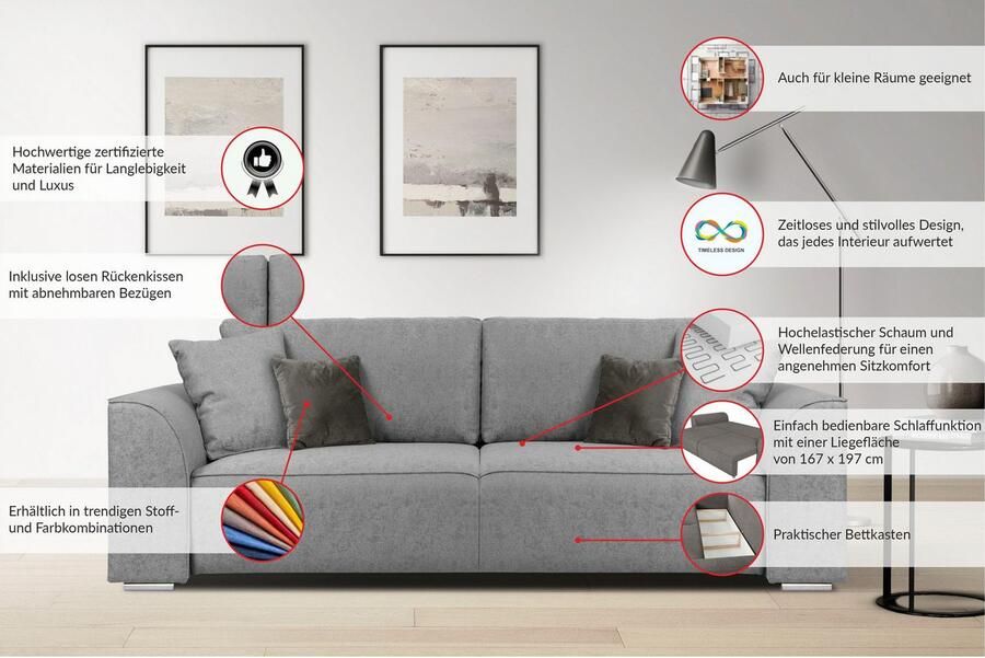 INOSIGN 3-zitsbank BEATRICE optionele slaapbank met bedlade B D H 250 107 92 cm - Foto 2