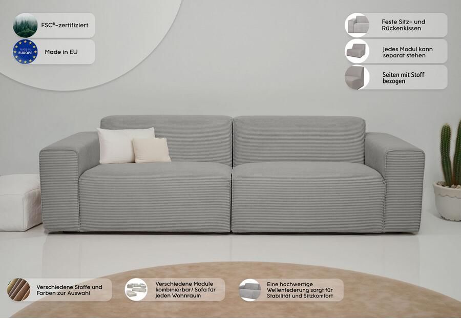 INOSIGN 3-zitsbank Koa 228 cm modulair bankstel in webstof cord Designbank zachte lounge-zitcomfort golfondersteuning tot aan de vloer - Foto 4