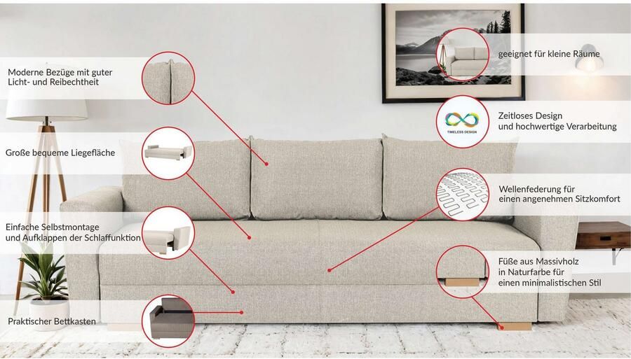 INOSIGN 3-zitsbank MAGHERA slaapbank met bedlade van hoogwaardige afwerking met golfvering corduroy en structuur bekleding b h d 230 92 5 79 cm