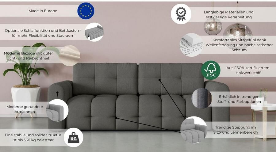 INOSIGN 3-zitsbank Manilla optioneel met bedfunctie B D H 265 117 91 cm met golfondersteuning in verschillende materialen en kleuren - Foto 3