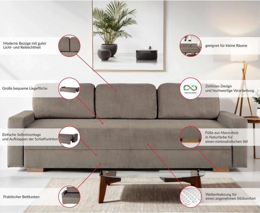 INOSIGN 3-zitsbank SHERIDIAN slaapbank met bedlade in fijncord en velvet met golvende ondervering moderne bekleding b h d 225 94 80