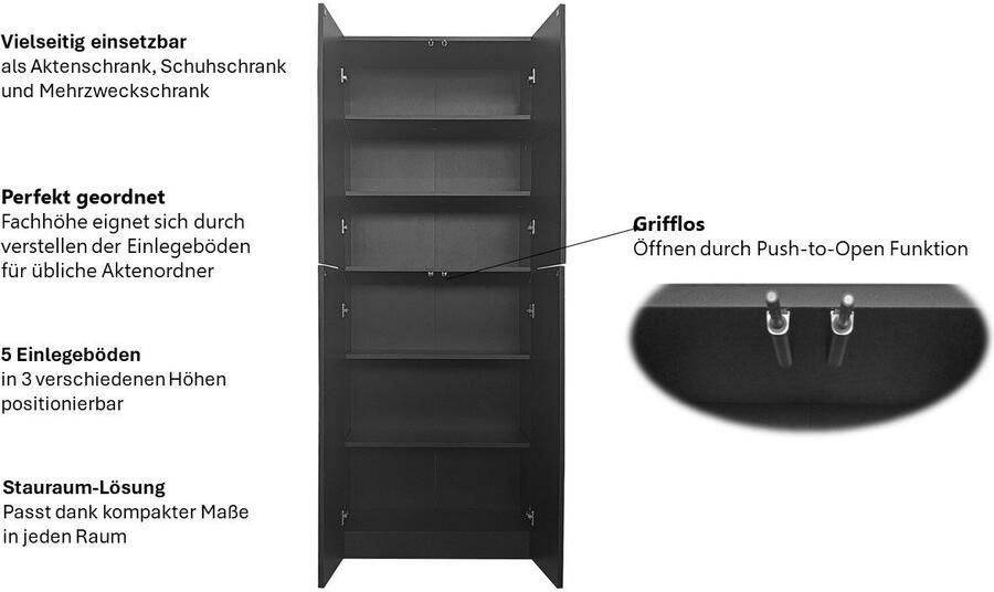 INOSIGN Archiefkast Jarvie Multifunctionele kast push-to-open 5 verstelbare legplanken 60x180 cm - Foto 4