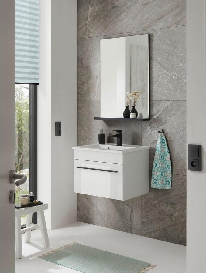 INOSIGN Badkamerserie Cantara badkamer in modern ontwerp 2-delig badkamer Waschtafel en spiegel in wit hoogglans veel opbergruimte (set 2-delig)