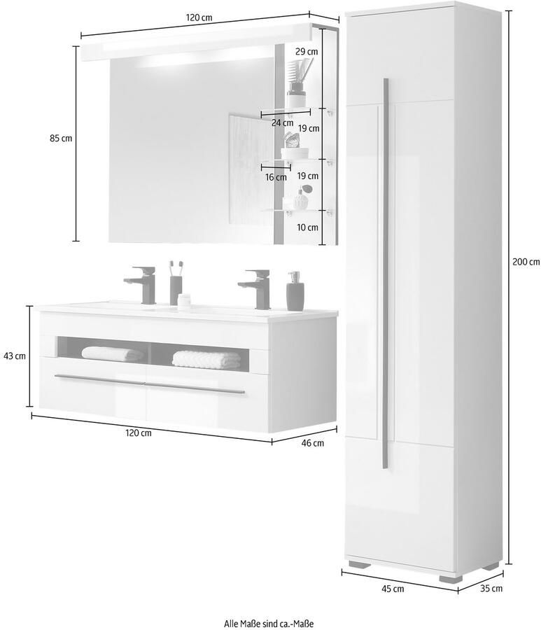 INOSIGN Badkamerserie Cantara badkamer in modern ontwerp 3-delig badkamer Waschtafel kast en spiegel in wit hoogglans veel opbergruimte (set 3-delig) - Foto 2