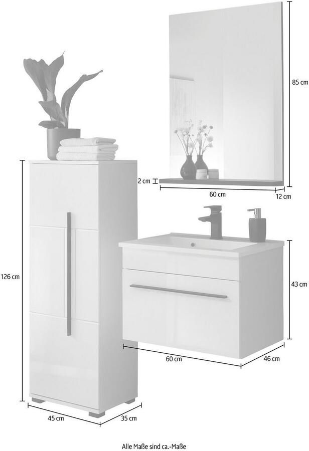 INOSIGN Badkamerserie Cantara badkamer in modern ontwerp 3-delig badkamer Waschtafel kast en spiegel in wit hoogglans veel opbergruimte (set 3-delig) - Foto 3
