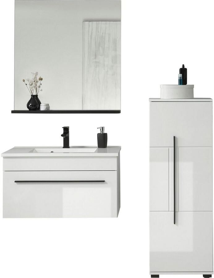 INOSIGN Badkamerserie Cantara badkamer in modern ontwerp 3-delig badkamer Waschtafel kast en spiegel in wit hoogglans veel opbergruimte (set 3-delig)