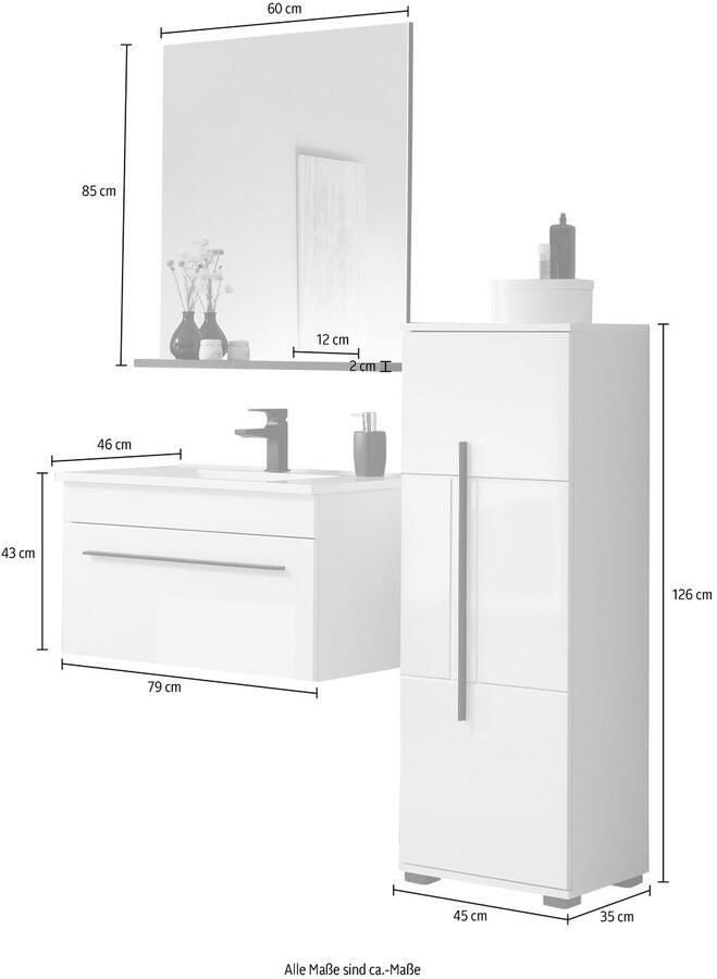 INOSIGN Badkamerserie Cantara badkamer in modern ontwerp 3-delig badkamer Waschtafel kast en spiegel in wit hoogglans veel opbergruimte (set 3-delig) - Foto 2