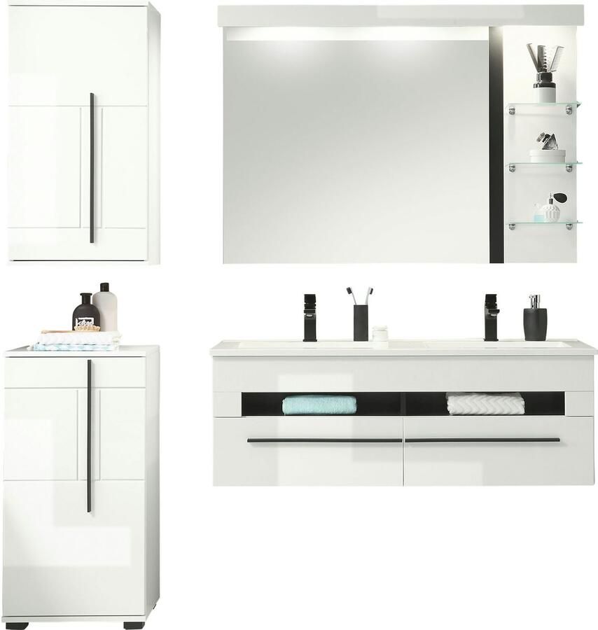 INOSIGN Badkamerserie Cantara badkamer in modern ontwerp 4-delig badkamer Waschtafel kast hangkast en spiegel in wit hoogglans (set 4-delig)