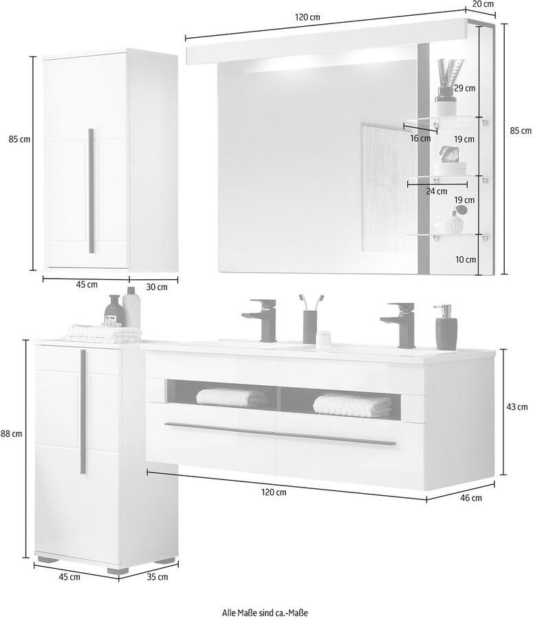 INOSIGN Badkamerserie Cantara badkamer in modern ontwerp 4-delig badkamer Waschtafel kast hangkast en spiegel in wit hoogglans (set 4-delig) - Foto 2