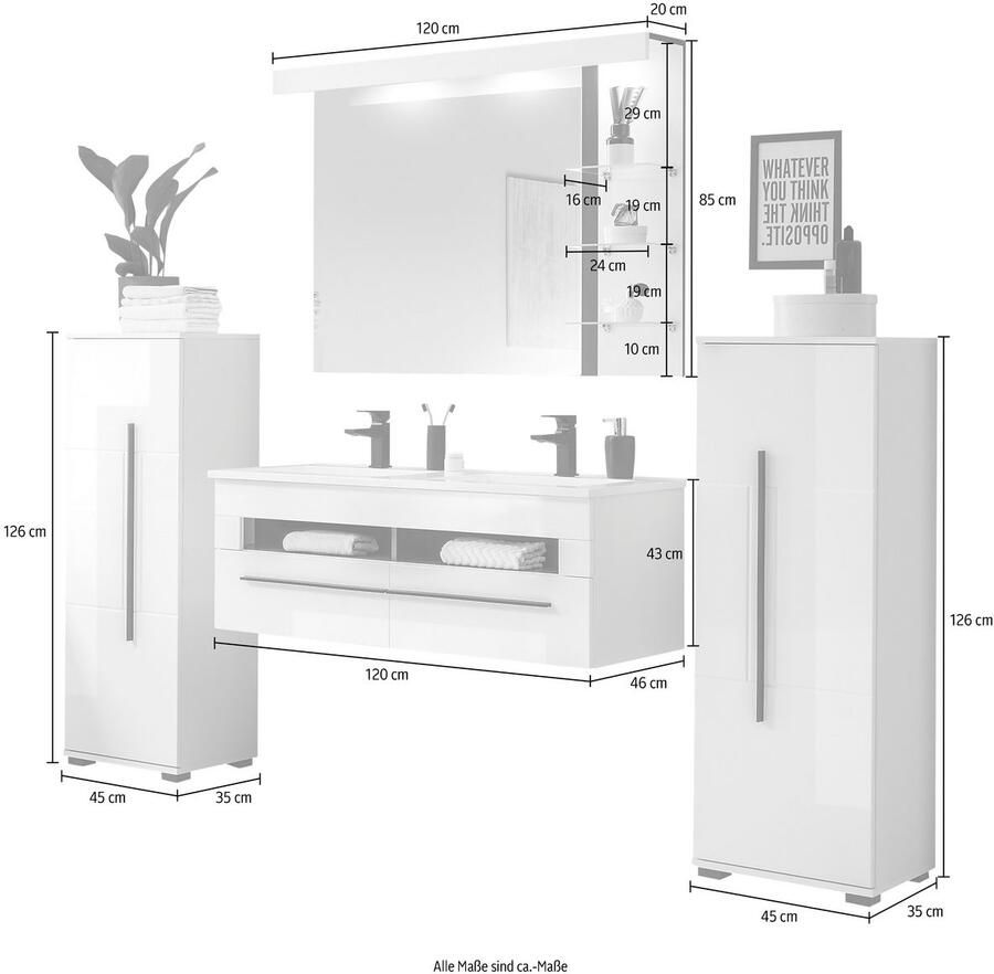 INOSIGN Badkamerserie Cantara badkamer in modern ontwerp 4-delig badkamer Wastafel kasten en spiegel in wit hoogglans veel opbergruimte (set 4-delig)