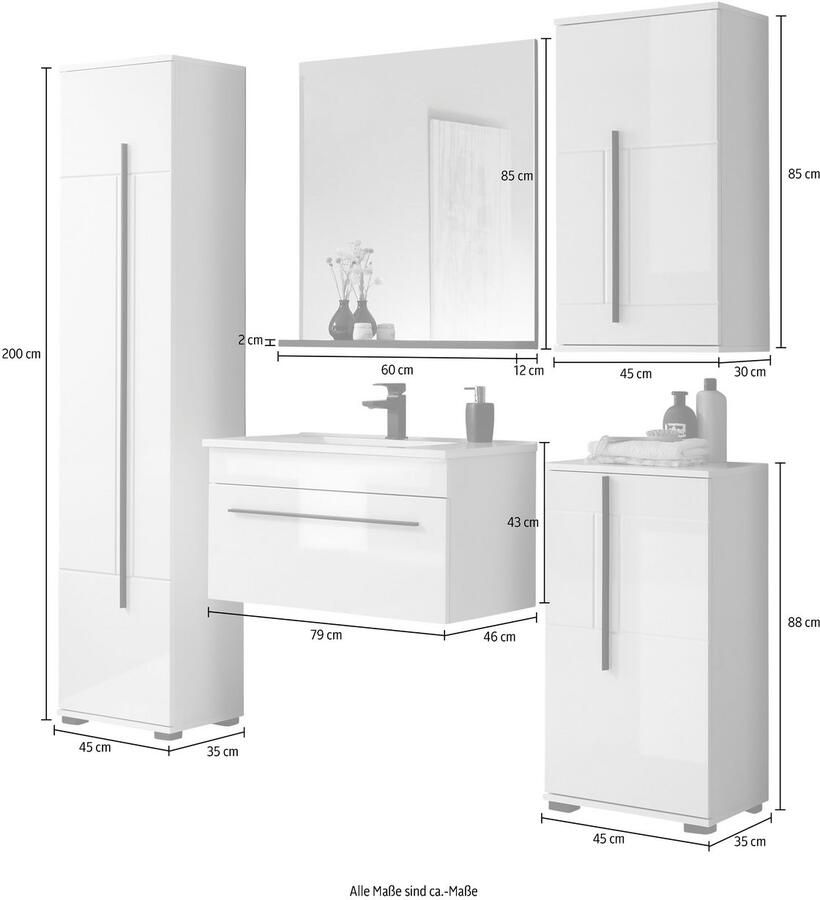 INOSIGN Badkamerserie Cantara badkamer in modern ontwerp 5-delig badkamer Wastafel kasten hangkast en spiegel in wit hoogglans (set 5-delig) - Foto 2