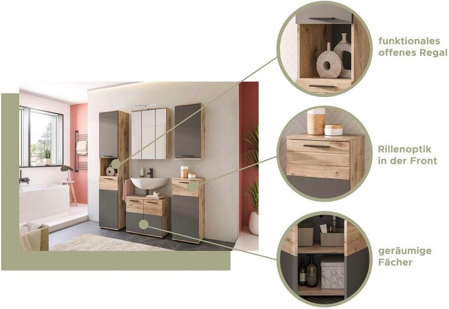 INOSIGN Badkamerspiegelkast Riga breedte 60cm incl. LED-verlichting 3 spiegelt deuren 9 vakken (set 2-delig) - Foto 6