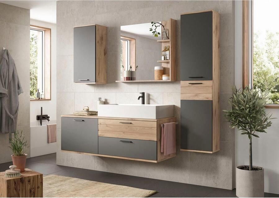 INOSIGN Wastafelmeubel Riga breedte 140 cm incl. opzetwastafel 2 lades 1 deur Hangkast onderkast badkamermeubels badkamerkast kast badkamer (1 stuk)