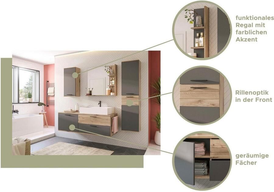 INOSIGN Wastafelmeubel Riga breedte 140 cm incl. opzetwastafel 2 lades 1 deur Hangkast onderkast badkamermeubels badkamerkast kast badkamer (1 stuk) - Foto 3