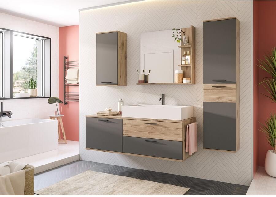 INOSIGN Halfhoge kast Riga breedte 37 cm 2 deuren 2 legplanken 1 constructiebodem Deurstopper verwisselbaar badkamermeubels badkamerspiegel kast badkamer hoge kast