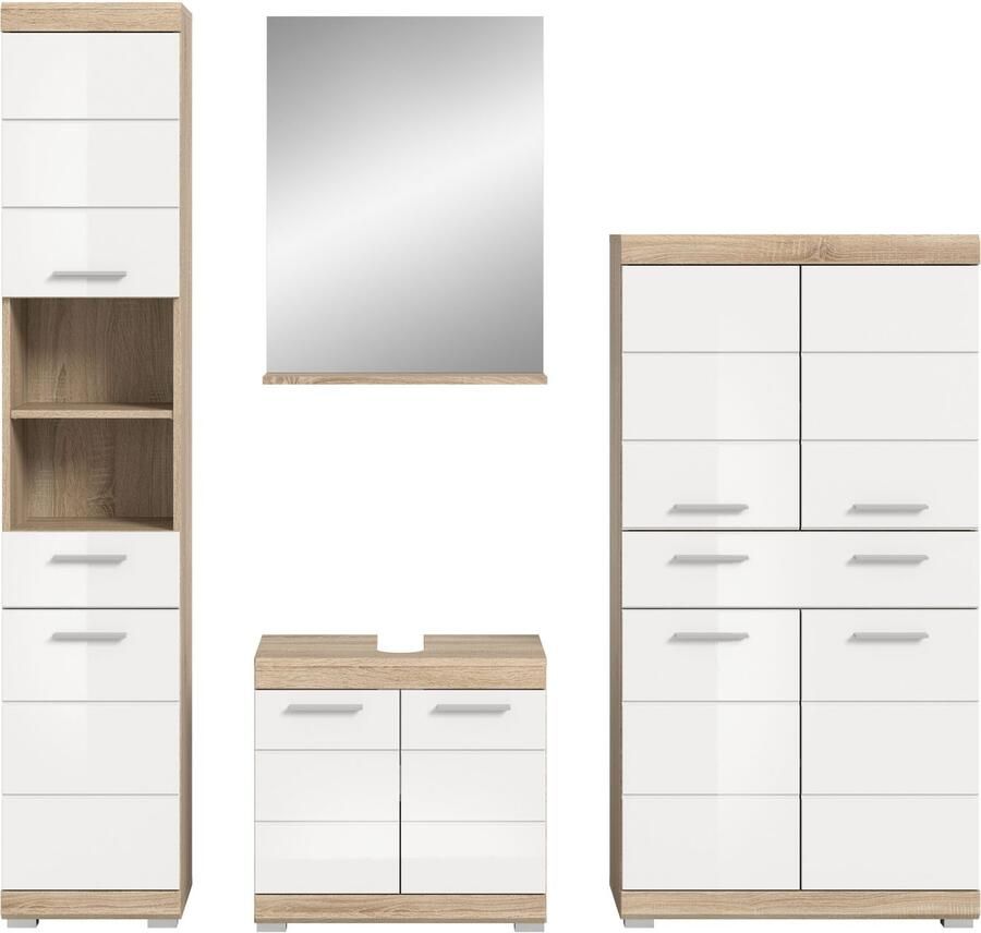 INOSIGN Badkamerserie Siena 4-delig bestaande uit: Hoge kast wastafelonderkast badkamer spiegel middenkast (set 4-delig)