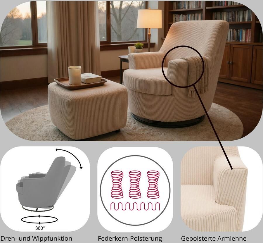 INOSIGN Draaibare fauteuil Hetty draaistoel met kantelfunctie en poef leesstoel armstoel (set 2 stuks)