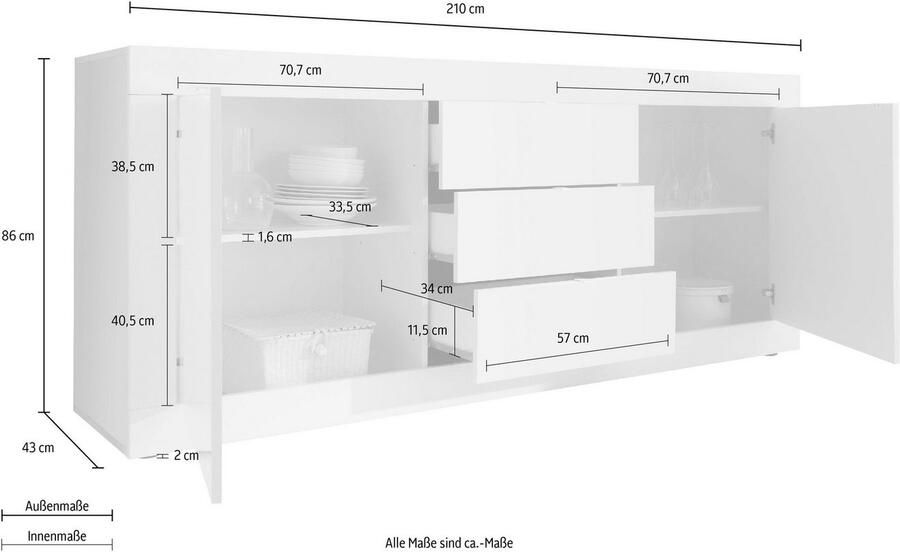 INOSIGN Dressoir Basis breedte 210 cm commode 2 deuren 3 lades dressoir Metalen handgreep moderne frame-uitstraling veel opbergruimte kleurkeuze - Foto 2