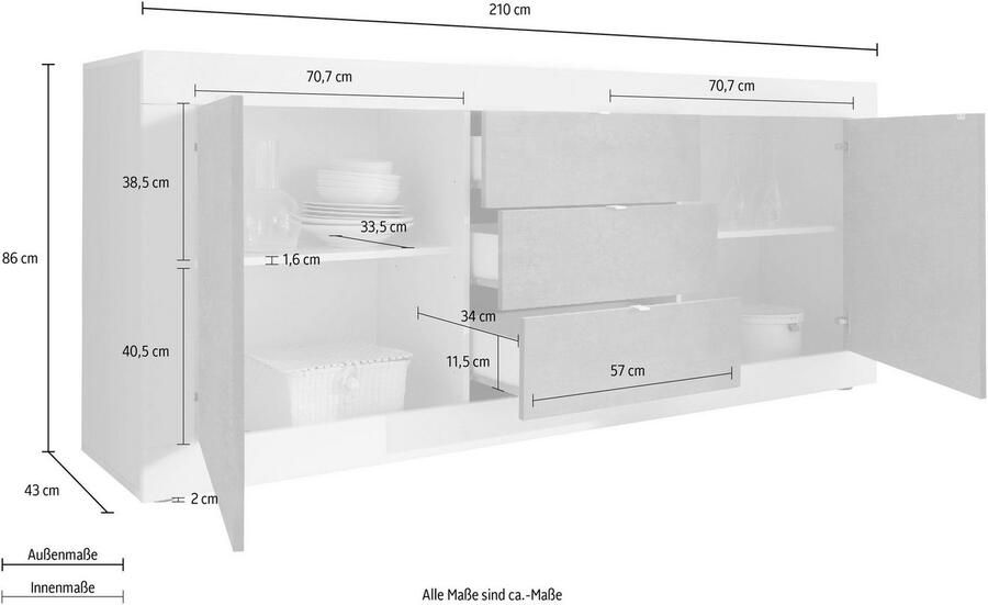 INOSIGN Dressoir Basis breedte 210 cm commode 2 deuren 3 lades dressoir Metalen handgreep moderne frame-uitstraling veel opbergruimte kleurkeuze - Foto 2