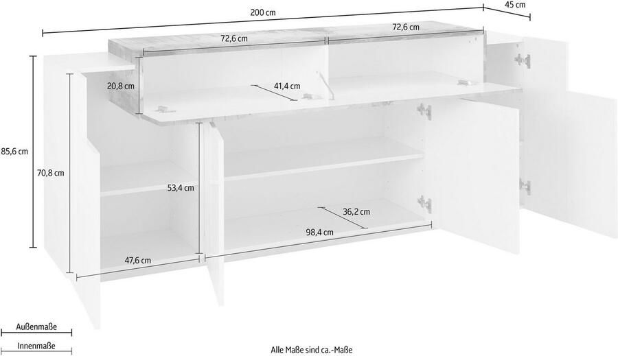 INOSIGN Dressoir Coro commode kast buffet greeploos met legplanken 1 klep 4 deuren dubbele diepte bxdxh 200x45x85 6 cm - Foto 2
