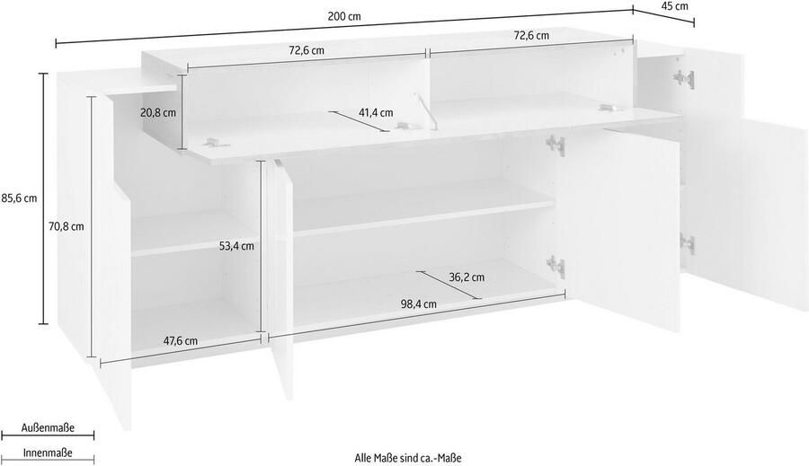 INOSIGN Dressoir Coro commode kast buffet greeploos met legplanken 1 klep 4 deuren dubbele diepte bxdxh 200x45x85 6 cm - Foto 2