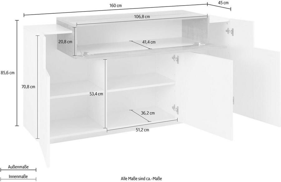INOSIGN Dressoir Coro commode kast buffet greeploos met legplanken met 1 klep 3 deuren dubbele diepte bxdxh 160x45x85 6 cm