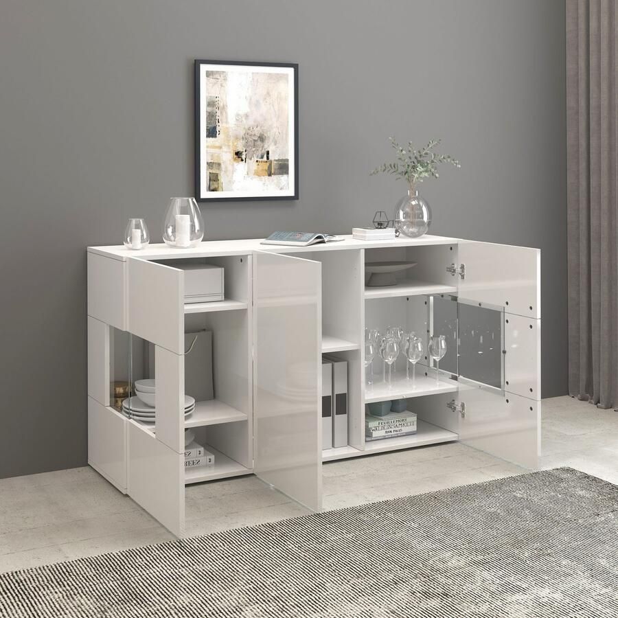 INOSIGN Dressoir Egypte Ladekast Kast Buffet Vitrine greeploos 3 deuren waarvan 2 met glaselement volledig hoogglans gelakt breedte 135 - Foto 5