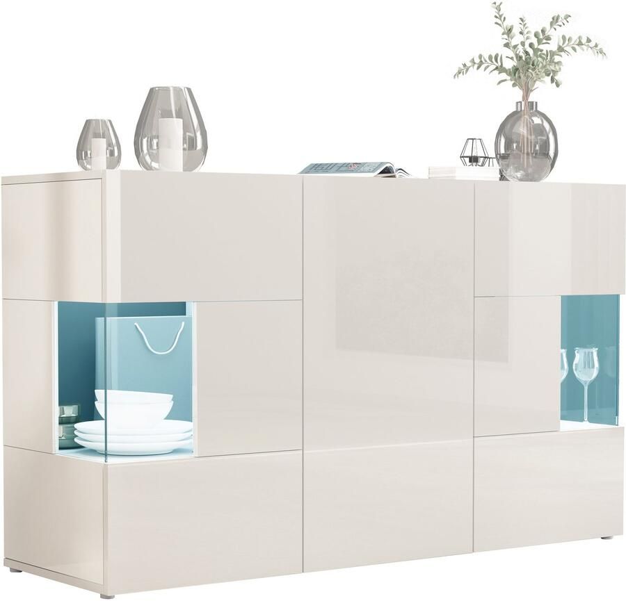 INOSIGN Dressoir Egypte Ladekast Kast Buffet Vitrine greeploos 3 deuren waarvan 2 met glaselement volledig hoogglans gelakt breedte 135 - Foto 8