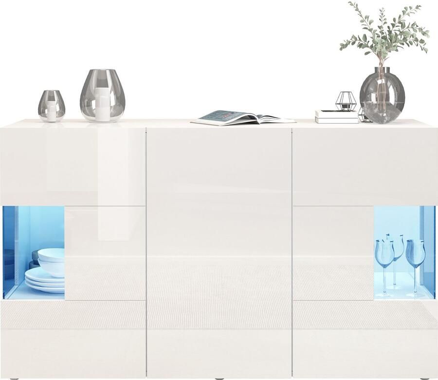 INOSIGN Dressoir Egypte Ladekast Kast Buffet Vitrine greeploos 3 deuren waarvan 2 met glaselement volledig hoogglans gelakt breedte 135 - Foto 10