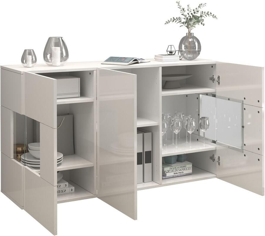 INOSIGN Dressoir Egypte Ladekast Kast Buffet Vitrine greeploos 3 deuren waarvan 2 met glaselement volledig hoogglans gelakt breedte 135 - Foto 9