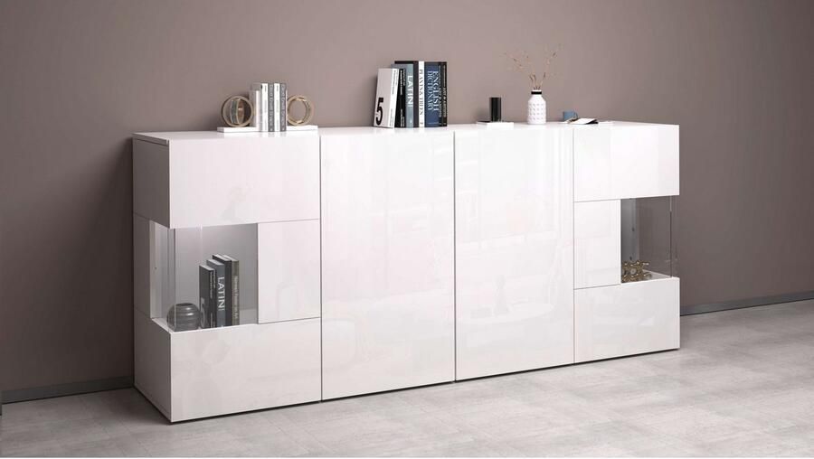 INOSIGN Dressoir Egypte Ladekast Kast Buffet Vitrine greeploos 4 deuren waarvan 2 met glas inzet compleet hoogglans gelakt breedte 180 - Foto 14