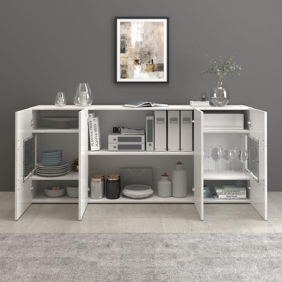 INOSIGN Dressoir Egypte Ladekast Kast Buffet Vitrine greeploos 4 deuren waarvan 2 met glas inzet compleet hoogglans gelakt breedte 180 - Foto 5