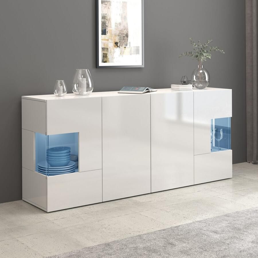 INOSIGN Dressoir Egypte Ladekast Kast Buffet Vitrine greeploos 4 deuren waarvan 2 met glas inzet compleet hoogglans gelakt breedte 180 - Foto 6