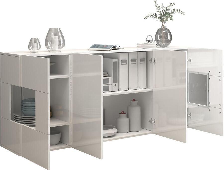 INOSIGN Dressoir Egypte Ladekast Kast Buffet Vitrine greeploos 4 deuren waarvan 2 met glas inzet compleet hoogglans gelakt breedte 180 - Foto 8