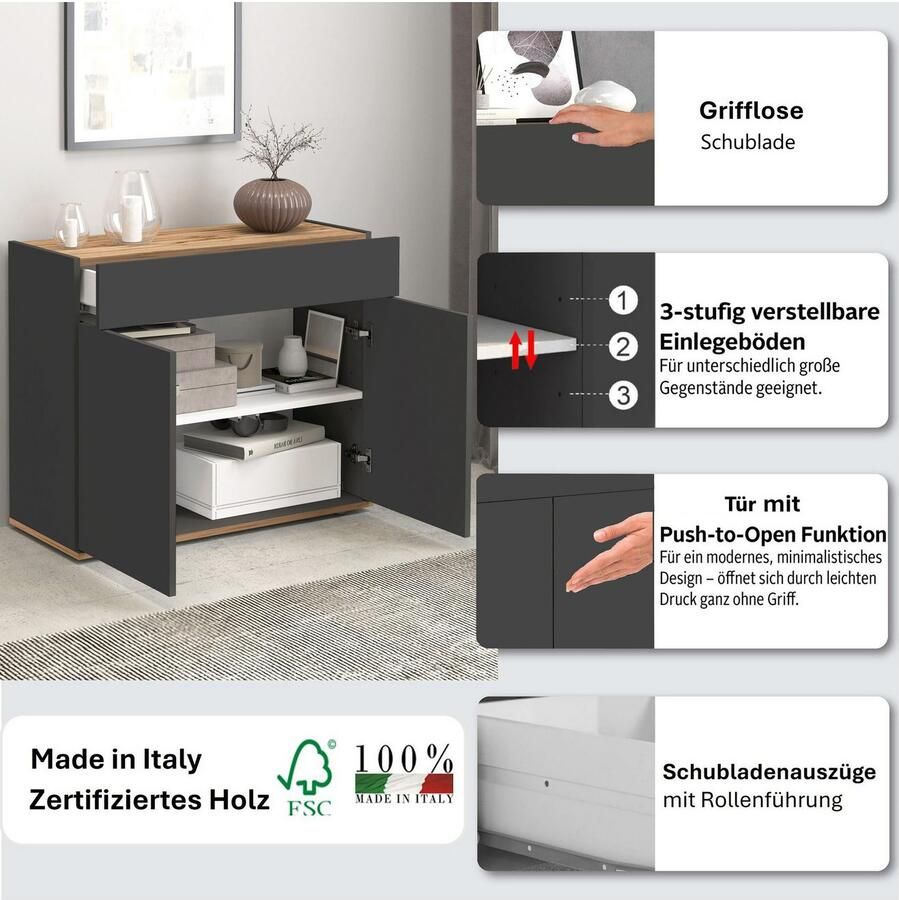 INOSIGN Dressoir Garda Ladekast Kast Buffet 2 deuren 1 lade greeploos breedte 80 9 cm - Foto 3