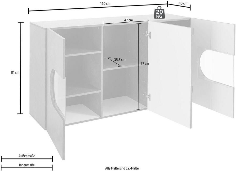 INOSIGN Dressoir Real vitrinekast commode kast volledig hoogglans gelakt met 3 deuren waarvan 2 glazen deuren zonder handgreep breedte 150