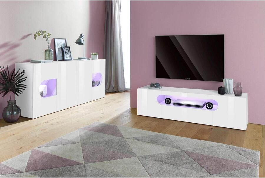 INOSIGN Dressoir Real vitrinekast commode kast volledig hoogglans gelakt met 4 deuren waarvan 2 glazen deuren zonder handgreep breedte 200 - Foto 3