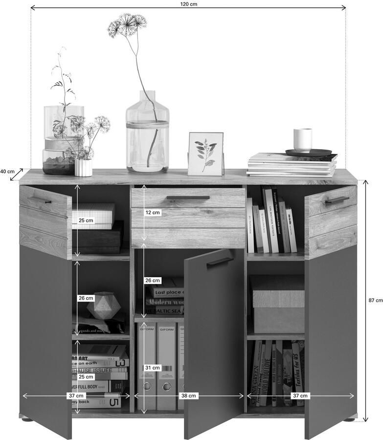 INOSIGN Dressoir Riga Breedte 120 cm 3 Deuren 1 Lade 5 Planken 8 Vakken hoogwaardige groeffrezen met softclose commode dressoir kast