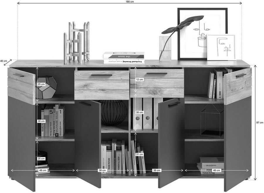 INOSIGN Dressoir Riga Breedte 180 cm 4 Deuren 2 Lades 6 Planken 10 Vakken hoogwaardige groeffrezen met softclose commode dressoir kast - Foto 3
