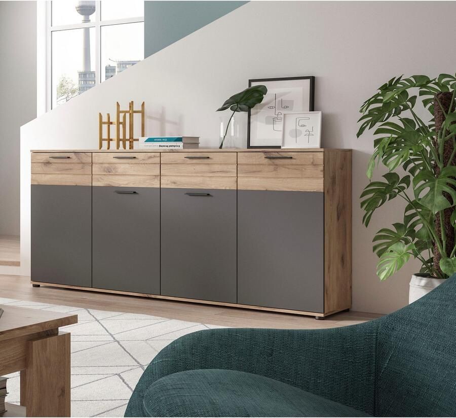 INOSIGN Dressoir Riga Breedte 180 cm 4 Deuren 2 Lades 6 Planken 10 Vakken hoogwaardige groeffrezen met softclose commode dressoir kast