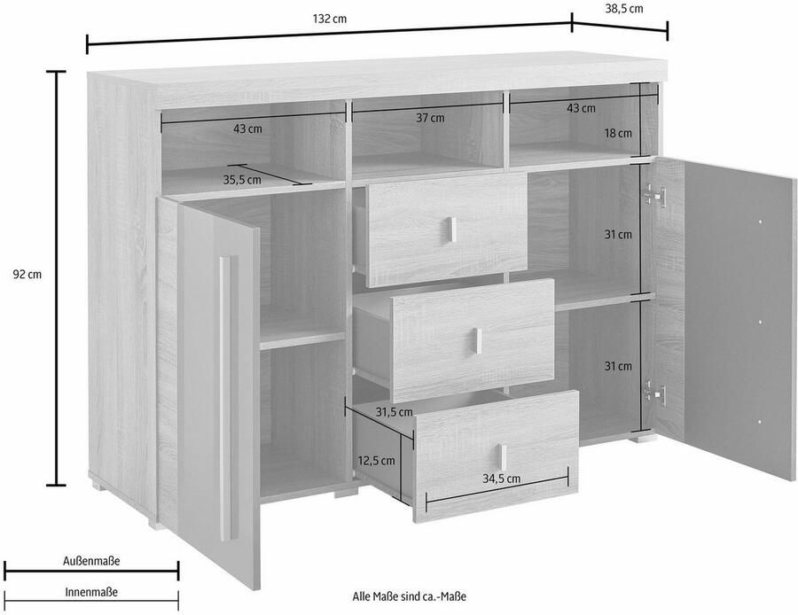 INOSIGN Dressoir Roger breedte 132cm stijlvolle kast 2 houten deuren 3 laden - Foto 2