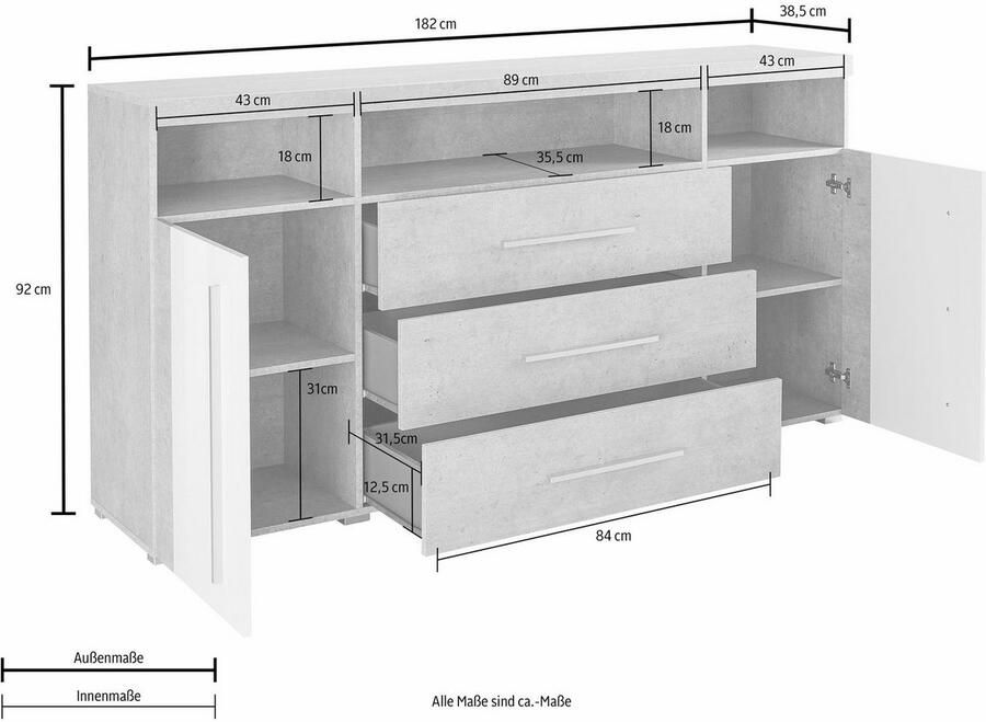 INOSIGN Dressoir Roger breedte 182 cm stijlvolle kast 2 houten deuren 3 laden