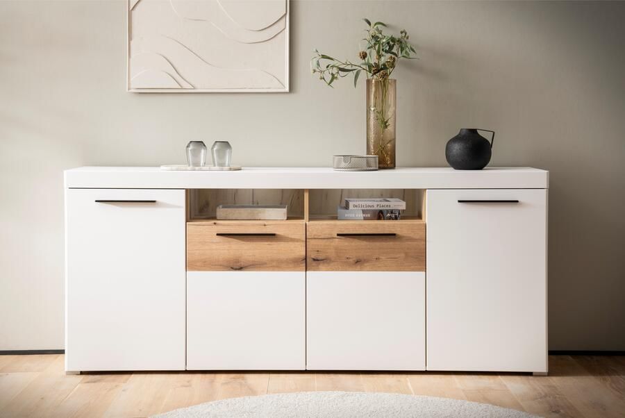 INOSIGN Dressoir Salerno moderne kast Highboard in Wit met Eik Evoke Decor Metalen handgrepen voldoende opbergruimte veelzijdig inzetbaar 205 cm breed - Foto 8