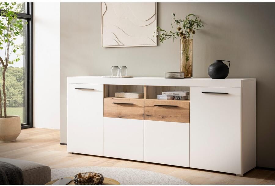 INOSIGN Dressoir Salerno moderne kast Highboard in Wit met Eik Evoke Decor Metalen handgrepen voldoende opbergruimte veelzijdig inzetbaar 205 cm breed - Foto 3