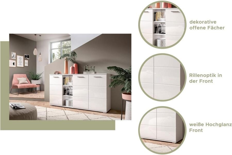INOSIGN Kast Valge Breedte 80 cm 2 Deuren 2 Planken 3 Vakken Front-groeffreesing schoenenkommode buffetkast kast sideboard - Foto 6