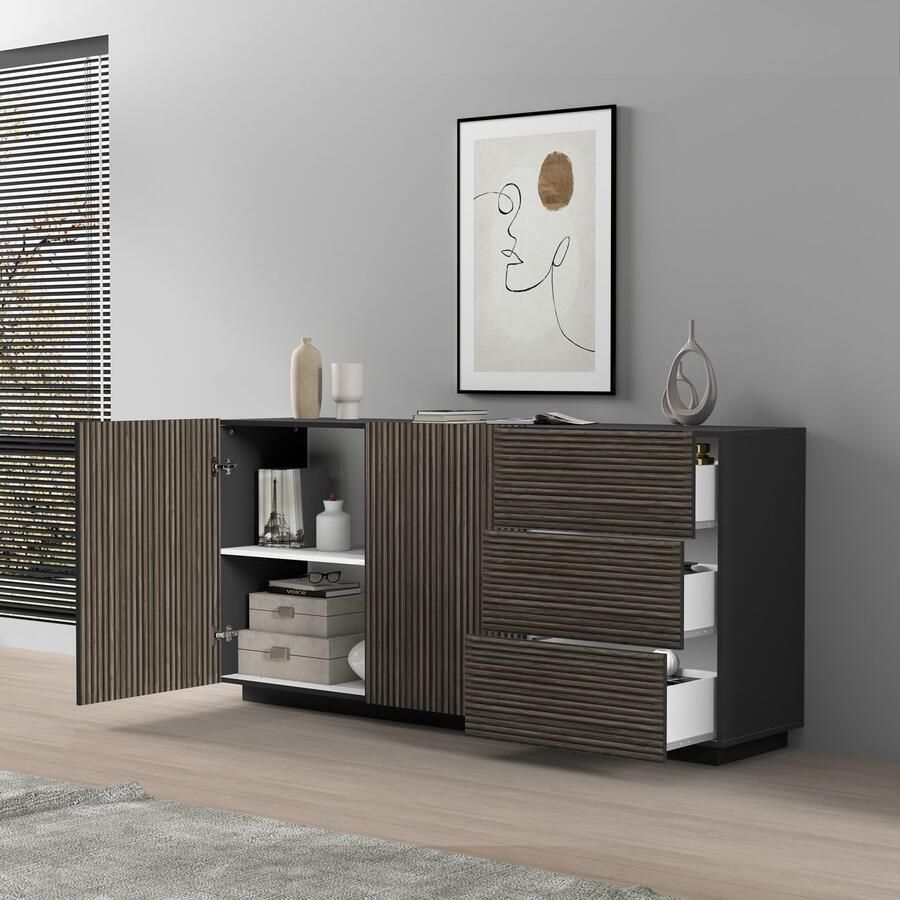 INOSIGN Dressoir Vega Sideboard Ladekast 180 cm met 2 deuren en 3 lades fronten met groeflook - Foto 3